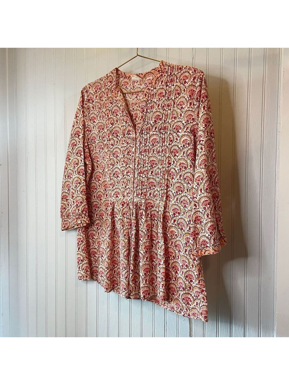 Anokhi Pink and Cream Paisley Block Print Cotton Shirt Size M